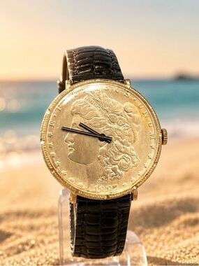Vintage Le Jour Coin Face Men's Watch with Black Leather Strap